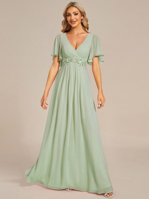 Ruffles Sleeve A-Line Chiffon Waist Applique Maxi Formal Evening Dress - Mint Green