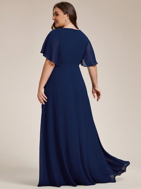 Ruffles Sleeve A-Line Chiffon Waist Applique Maxi Formal Evening Dress - Navy Blue