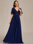 Ruffles Sleeve A-Line Chiffon Waist Applique Maxi Formal Evening Dress – Navy Blue