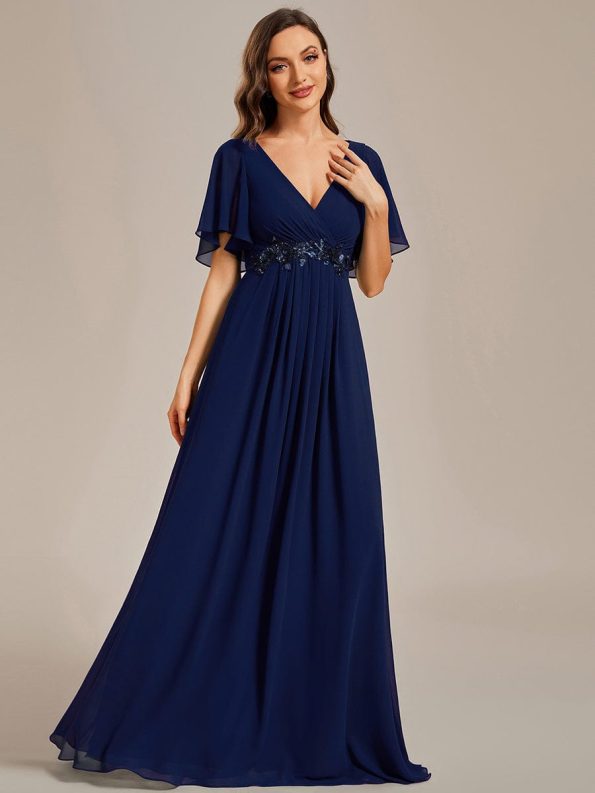 Ruffles Sleeve A-Line Chiffon Waist Applique Maxi Formal Evening Dress - Navy Blue