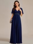 Ruffles Sleeve A-Line Chiffon Waist Applique Maxi Formal Evening Dress – Navy Blue