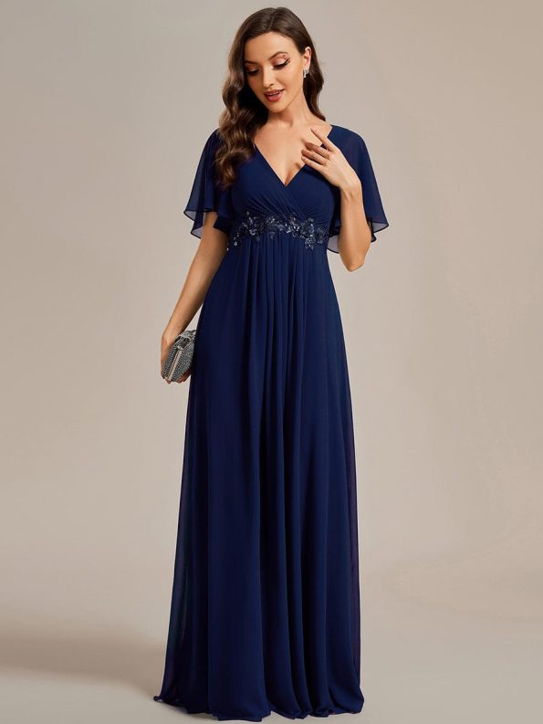 Ruffles Sleeve A-Line Chiffon Waist Applique Maxi Formal Evening Dress - Navy Blue