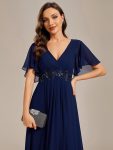 Ruffles Sleeve A-Line Chiffon Waist Applique Maxi Formal Evening Dress – Navy Blue