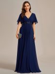 Ruffles Sleeve A-Line Chiffon Waist Applique Maxi Formal Evening Dress – Navy Blue