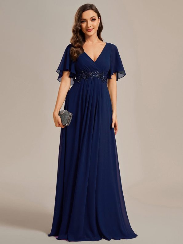 Ruffles Sleeve A-Line Chiffon Waist Applique Maxi Formal Evening Dress - Navy Blue