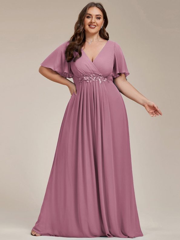 Ruffles Sleeve A-Line Chiffon Waist Applique Maxi Formal Evening Dress - Purple Orchid