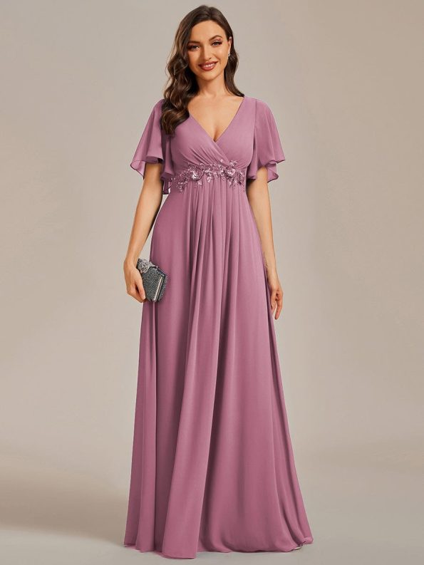 Ruffles Sleeve A-Line Chiffon Waist Applique Maxi Formal Evening Dress - Purple Orchid