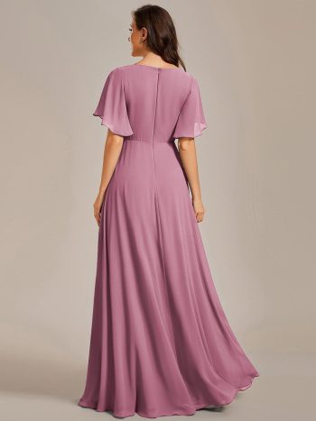 Ruffles Sleeve A-Line Chiffon Waist Applique Maxi Formal Evening Dress - Purple Orchid