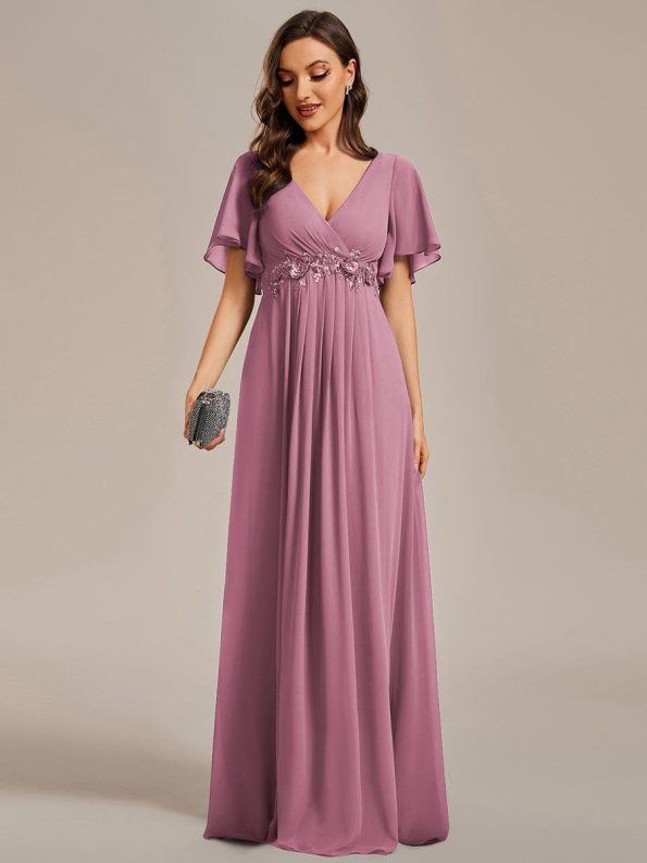 Ruffles Sleeve A-Line Chiffon Waist Applique Maxi Formal Evening Dress - Purple Orchid