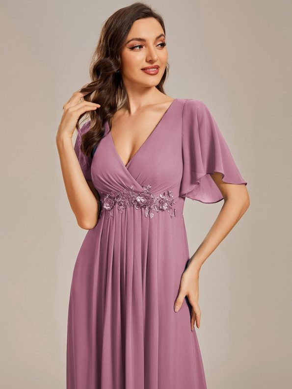 Ruffles Sleeve A-Line Chiffon Waist Applique Maxi Formal Evening Dress - Purple Orchid