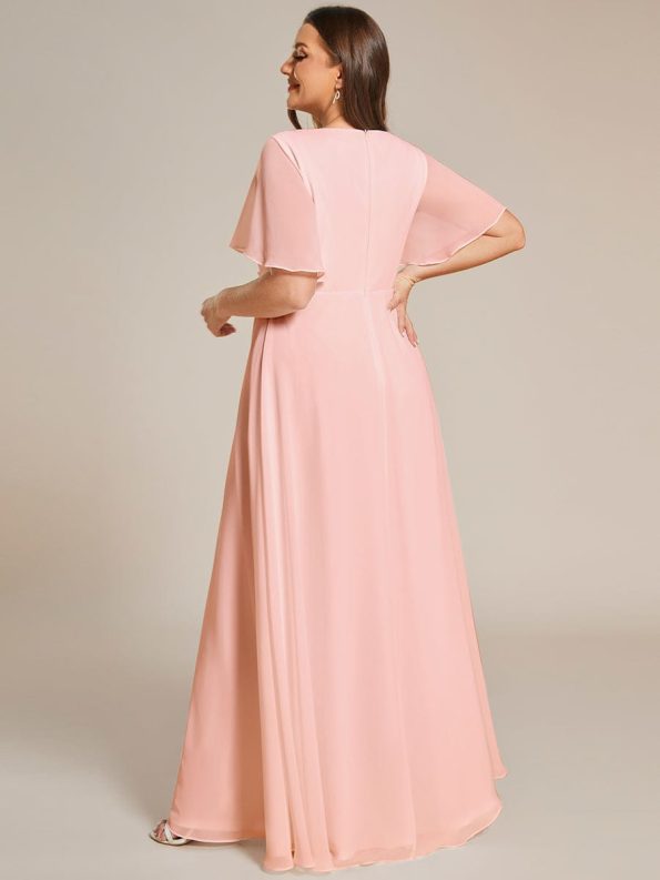 Ruffles Sleeve A-Line Chiffon Waist Applique Maxi Formal Evening Dress - Pink