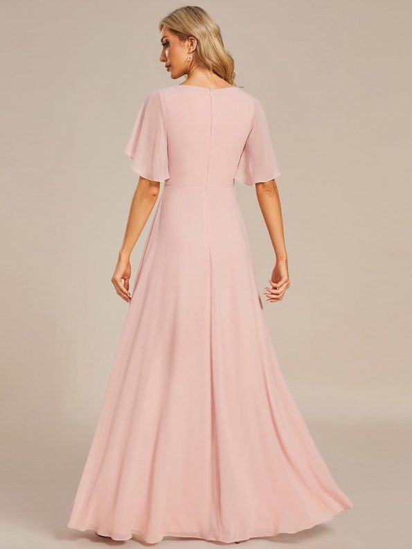 Ruffles Sleeve A-Line Chiffon Waist Applique Maxi Formal Evening Dress - Pink