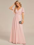 Ruffles Sleeve A-Line Chiffon Waist Applique Maxi Formal Evening Dress – Pink