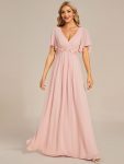 Ruffles Sleeve A-Line Chiffon Waist Applique Maxi Formal Evening Dress - Pink