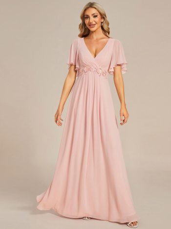 Ruffles Sleeve A-Line Chiffon Waist Applique Maxi Formal Evening Dress - Pink