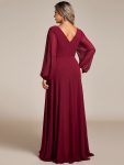 Pleated Double V-Neck Long Sleeves Shiny Belt Chiffon Evening Dress – Burgundy