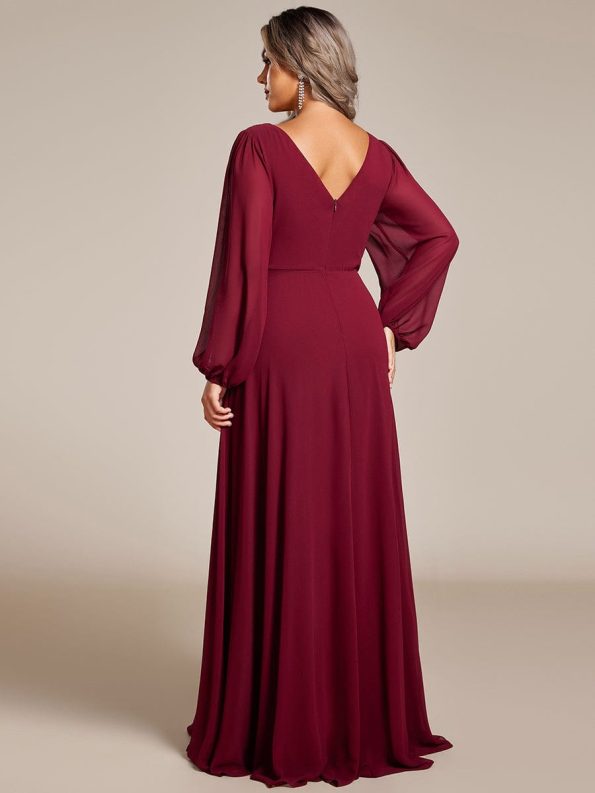 Pleated Double V-Neck Long Sleeves Shiny Belt Chiffon Evening Dress - Burgundy