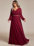 Pleated Double V-Neck Long Sleeves Shiny Belt Chiffon Evening Dress – Burgundy