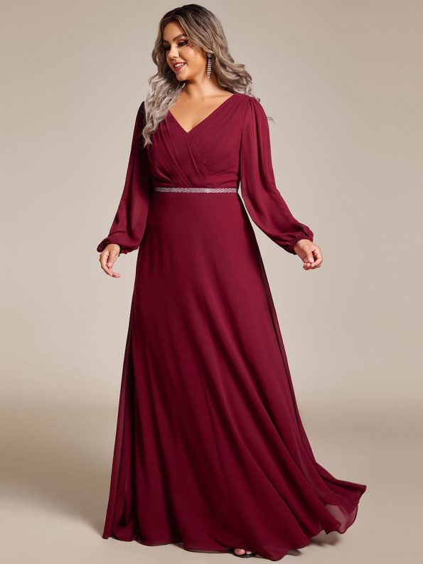 Pleated Double V-Neck Long Sleeves Shiny Belt Chiffon Evening Dress - Burgundy