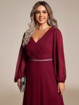 Pleated Double V-Neck Long Sleeves Shiny Belt Chiffon Evening Dress – Burgundy