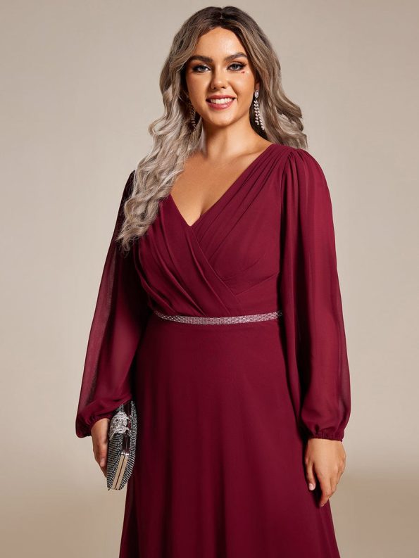 Pleated Double V-Neck Long Sleeves Shiny Belt Chiffon Evening Dress - Burgundy