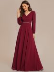 Pleated Double V-Neck Long Sleeves Shiny Belt Chiffon Evening Dress – Burgundy