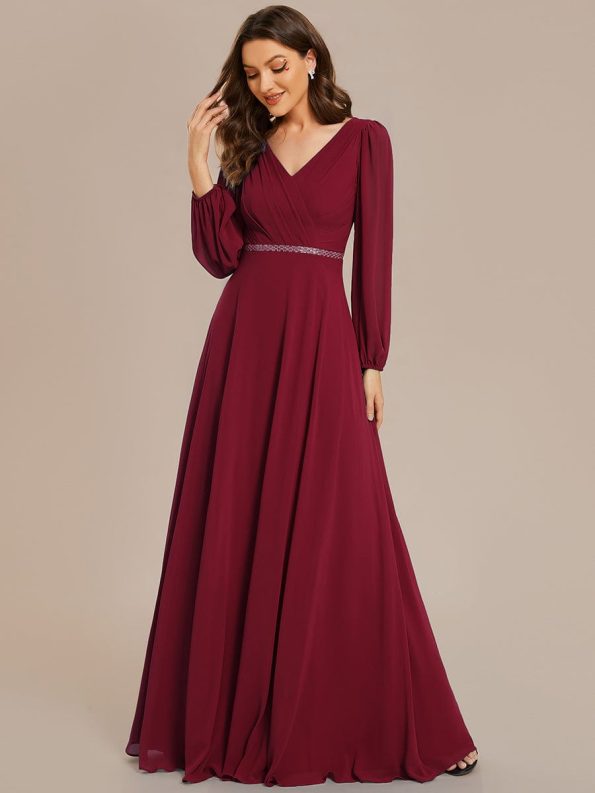 Pleated Double V-Neck Long Sleeves Shiny Belt Chiffon Evening Dress - Burgundy