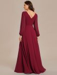 Pleated Double V-Neck Long Sleeves Shiny Belt Chiffon Evening Dress – Burgundy