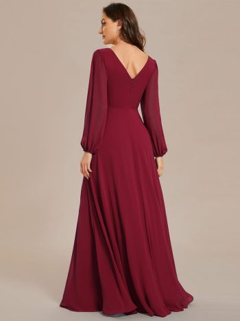 Pleated Double V-Neck Long Sleeves Shiny Belt Chiffon Evening Dress - Burgundy