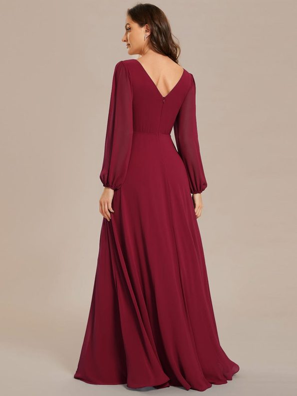 Pleated Double V-Neck Long Sleeves Shiny Belt Chiffon Evening Dress - Burgundy