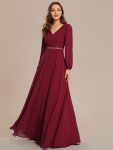 Pleated Double V-Neck Long Sleeves Shiny Belt Chiffon Evening Dress – Burgundy