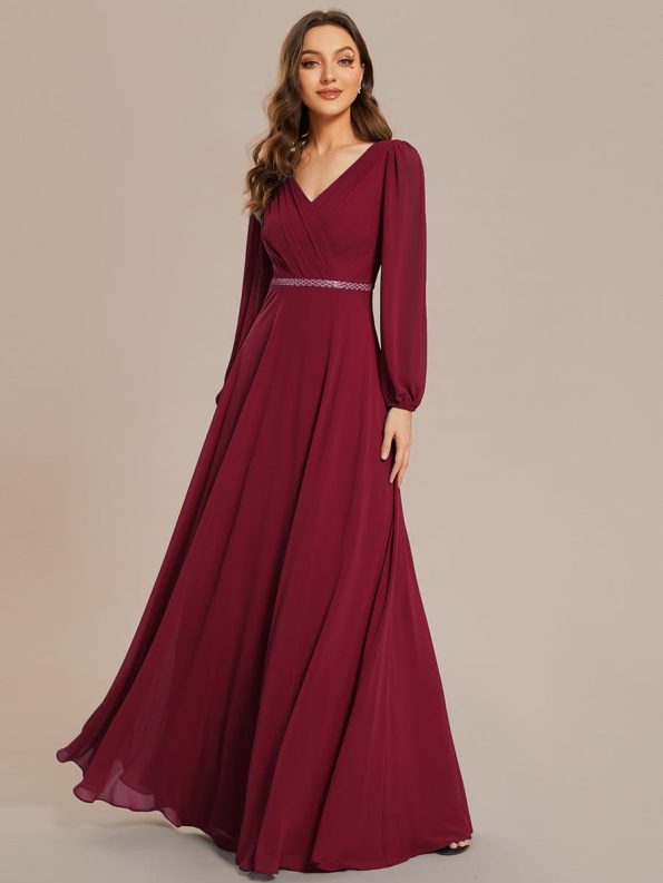 Pleated Double V-Neck Long Sleeves Shiny Belt Chiffon Evening Dress - Burgundy