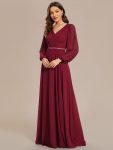 Pleated Double V-Neck Long Sleeves Shiny Belt Chiffon Evening Dress – Burgundy