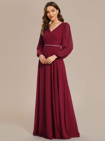 Pleated Double V-Neck Long Sleeves Shiny Belt Chiffon Evening Dress - Burgundy