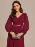 Pleated Double V-Neck Long Sleeves Shiny Belt Chiffon Evening Dress – Burgundy