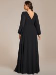 Pleated Double V-Neck Long Sleeves Shiny Belt Chiffon Evening Dress – Black