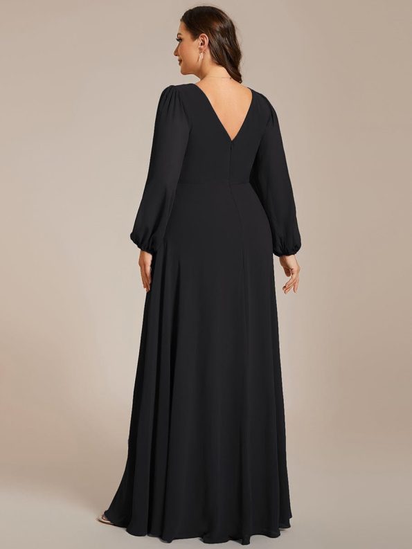 Pleated Double V-Neck Long Sleeves Shiny Belt Chiffon Evening Dress - Black