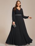 Pleated Double V-Neck Long Sleeves Shiny Belt Chiffon Evening Dress – Black