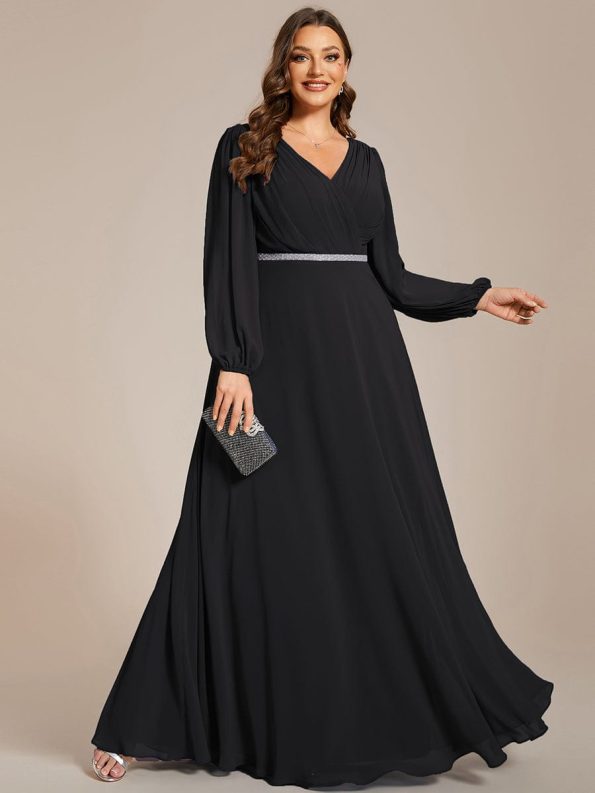 Pleated Double V-Neck Long Sleeves Shiny Belt Chiffon Evening Dress - Black