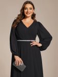 Pleated Double V-Neck Long Sleeves Shiny Belt Chiffon Evening Dress – Black