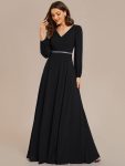 Pleated Double V-Neck Long Sleeves Shiny Belt Chiffon Evening Dress – Black