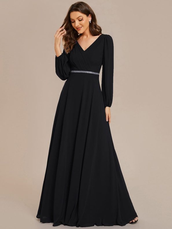 Pleated Double V-Neck Long Sleeves Shiny Belt Chiffon Evening Dress - Black