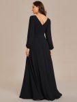 Pleated Double V-Neck Long Sleeves Shiny Belt Chiffon Evening Dress – Black