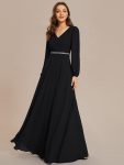 Pleated Double V-Neck Long Sleeves Shiny Belt Chiffon Evening Dress – Black