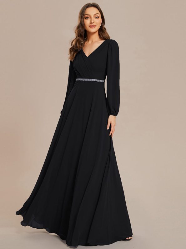 Pleated Double V-Neck Long Sleeves Shiny Belt Chiffon Evening Dress - Black