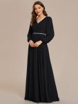 Pleated Double V-Neck Long Sleeves Shiny Belt Chiffon Evening Dress – Black