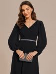 Pleated Double V-Neck Long Sleeves Shiny Belt Chiffon Evening Dress – Black