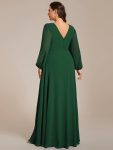 Pleated Double V-Neck Long Sleeves Shiny Belt Chiffon Evening Dress – Dark Green