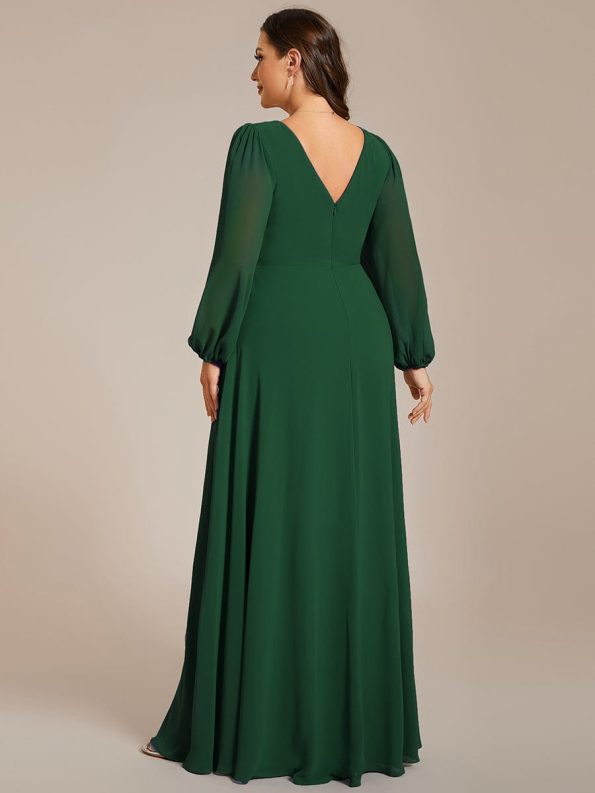 Pleated Double V-Neck Long Sleeves Shiny Belt Chiffon Evening Dress - Dark Green