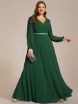 Pleated Double V-Neck Long Sleeves Shiny Belt Chiffon Evening Dress – Dark Green